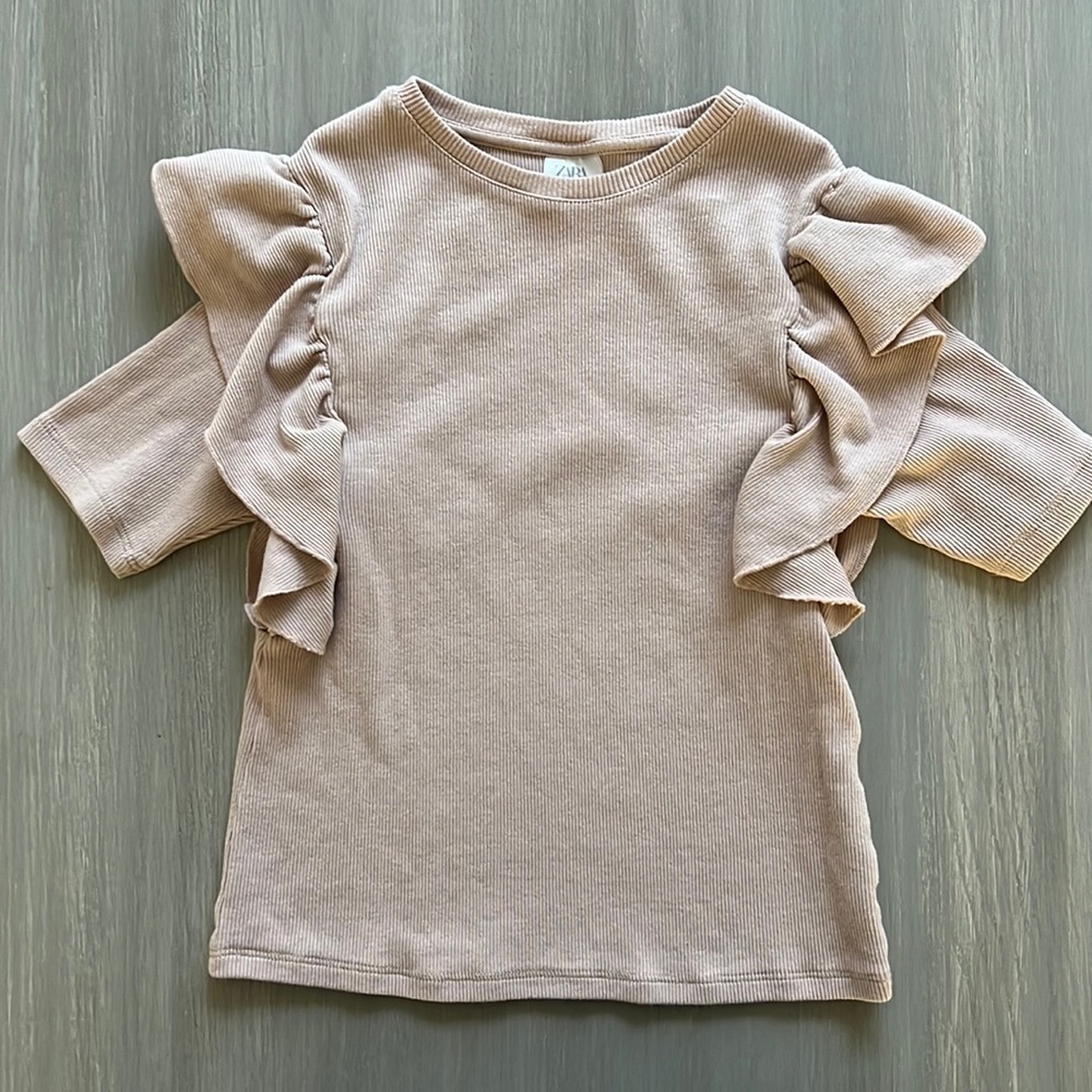 Zara Girls Pink Rose Ribbed Short Sleeve Ruffled Top